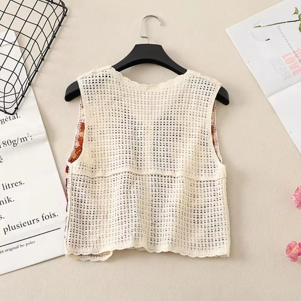 Button-up Sleeveless Jacket Colorful Floral Waistcoat Top 2026 Openwork Vest  Short Cardigan