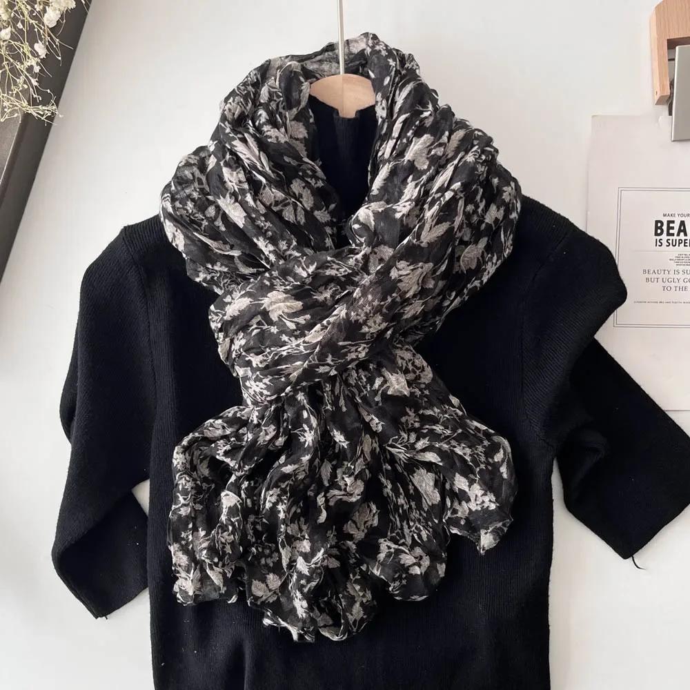 Retro Printed Scarf with Pleats Japanese Style Artistic Light and Thin Cotton and Linen Texture Long Casual Shawl Korean Version