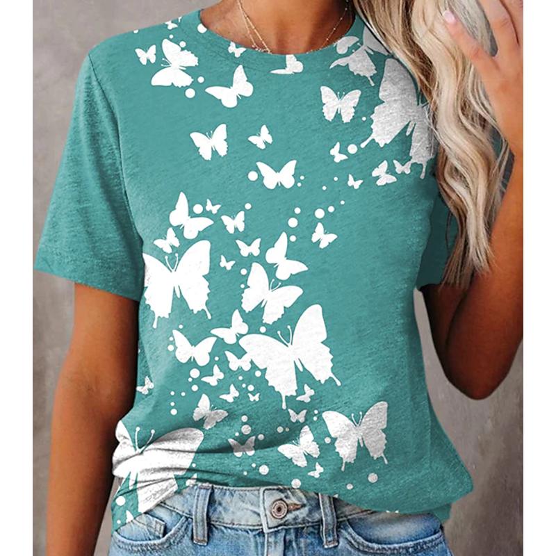 Damen Sommer T-Shirt Trend Schmetterlingsdruck Retro Mode Kurzarm Tees Lässig Bedruckte Oberteile