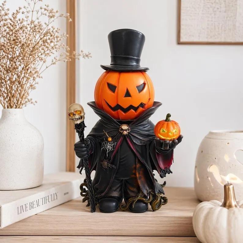 Halloween Resin Scary Pumpkin Lantern, Tabletop Art Decor, Handcrafted Horror Pumpkin Light, Holiday Ornament Gift