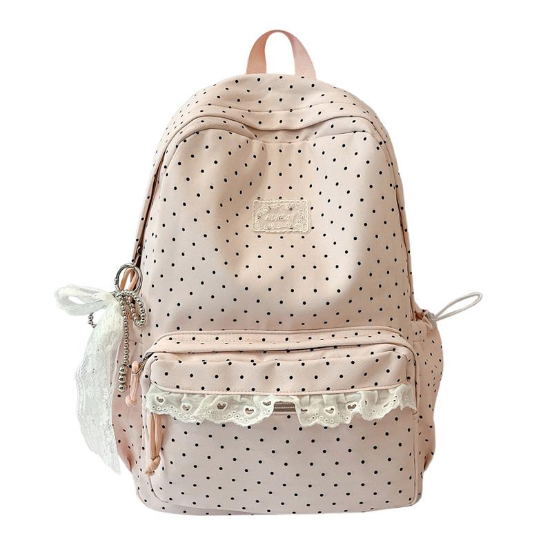 Süßer Polka-Dot-Rucksack mit Spitzenbesatz, Stilvolle Schultasche für Damen und Teenager, Leichtes und geräumiges Design Small rosa