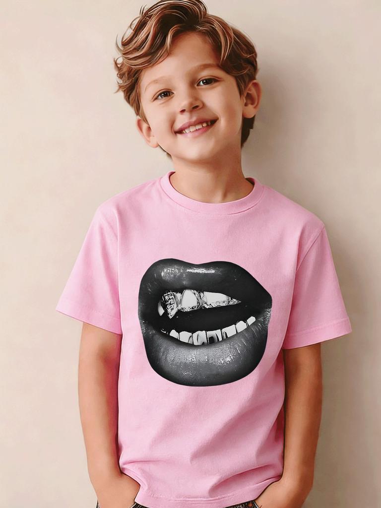 Cool Black Lips Diamond Print Kid Cotton T Shirt Boys Girls Parent Child Short Sleeve Casual Breathable Family Daily Fashion Tee