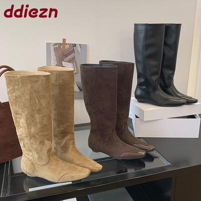 Mode Neue Mode Flock Damen Kniehoch Westernstiefel mit niedrigem Absatz Damen Slipper Schuhe Spitzschuh Damen Lange Stiefeletten Schuhe