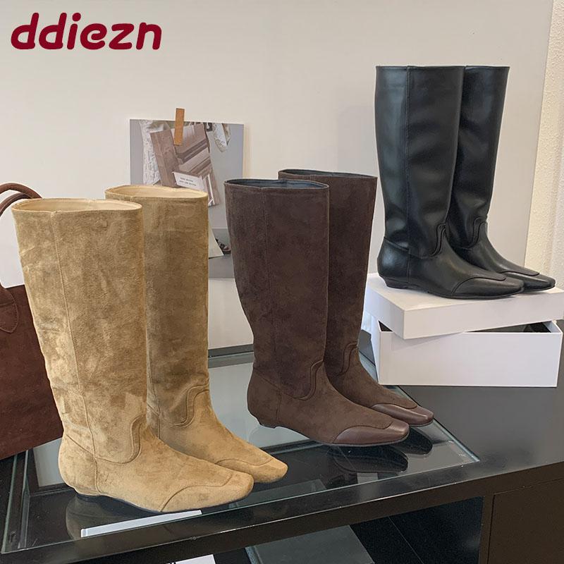 Fashion New Fashion Flock Women Knee High Western Boots With Low Heel Female Slip On Footwear Pointed Toe Ladies Long Booties Shoes