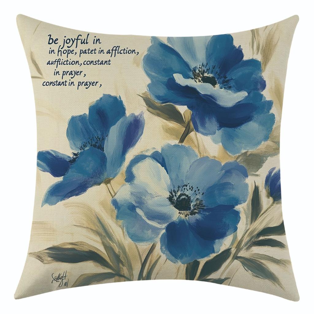 New Blue Watercolor Flower Linen Pillowcase for Holiday Decoration and Car Cushion Cover