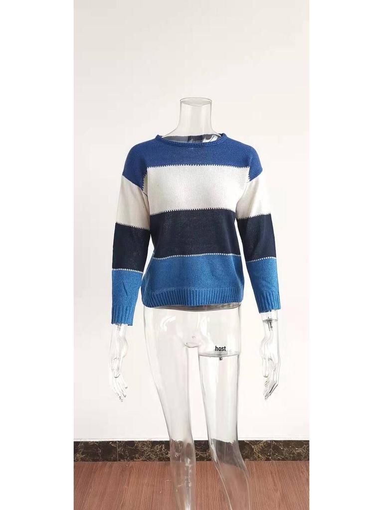 2024 Women's Casual Striped Long Sleeve Knitted Pullover Sweater, Round Neck for Autumn and Winter