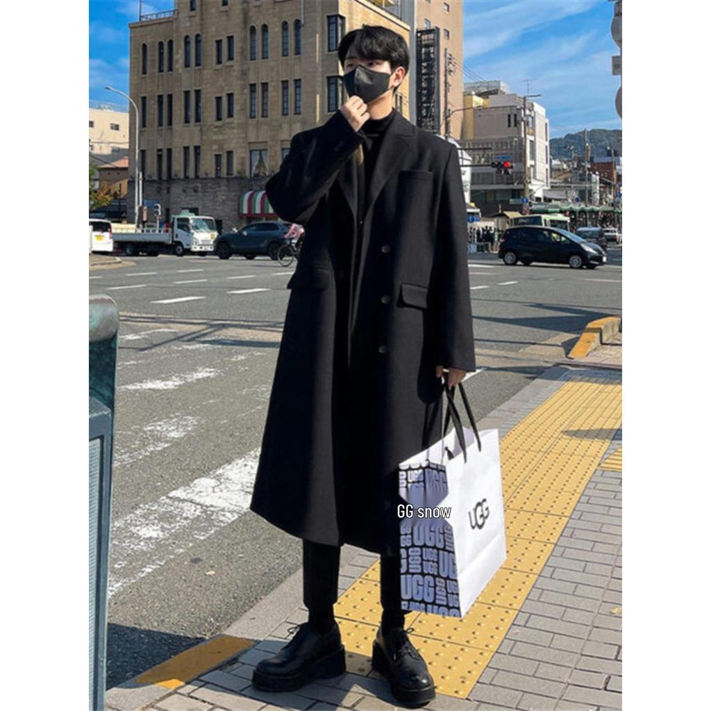 Men's Mid-Length Korean Style Wool Trench Coat - Autumn/Winter, Thickened, Over-the-Knee, Loose Fit