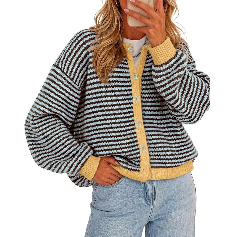 Cardigan lavorato a maglia a righe da donna con scollo rotondo, maglione casual a cappotto