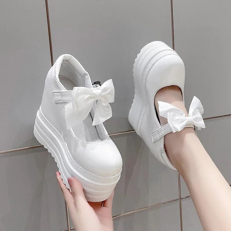 Mode 12,5CM Plateau Hohe Wedges Damen Pumps Sneakers Lässig Gothic Stil Punk Schnürung Schnalle Schwarz Schmetterlingsknoten Damenschuhe