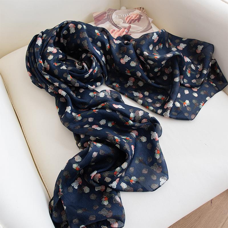 100% mulberry silk long  high-grade navy blue small floral silk scarf shawl sunscreen