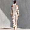 Off-Shoulder High Neck Knit Sweater and Wide Leg Pants Set In Beige