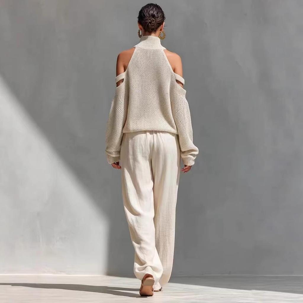 Off-Shoulder High Neck Knit Sweater and Wide Leg Pants Set In Beige
