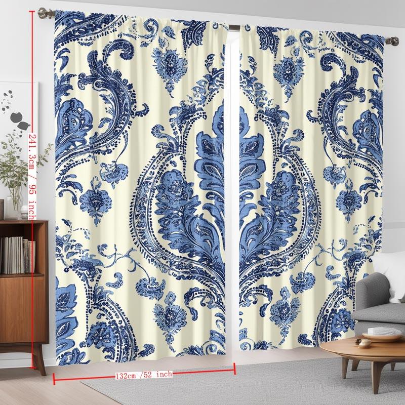 Klassisches Blau-Weiß Paisley Damast Gardinen Set 2 Stück Stangentasche Lichtfilternde Vorhänge für Wohnzimmer Schlafzimmer