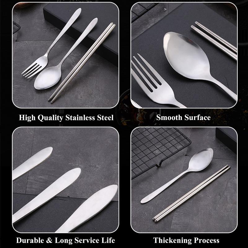 3PCS Cutlery Set Place Setting Dinnerware Tableware Stainless Steel Spoon Fork Chopsticks Kit with Case