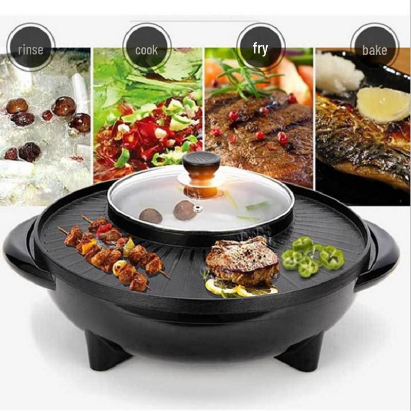 Korean Style Multi-functional Electric Grill & Shabu-Shabu Pot: Non-stick Griddle & Hot Pot Combination 34CM
