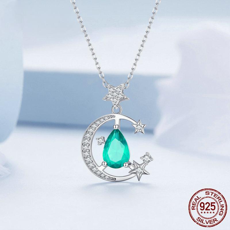 S925 Sterlingsølv Halsmåne- og stjerneanheng Halskjede Lysegrønn Waterdrop Halskjede for kvinner Fine smykker