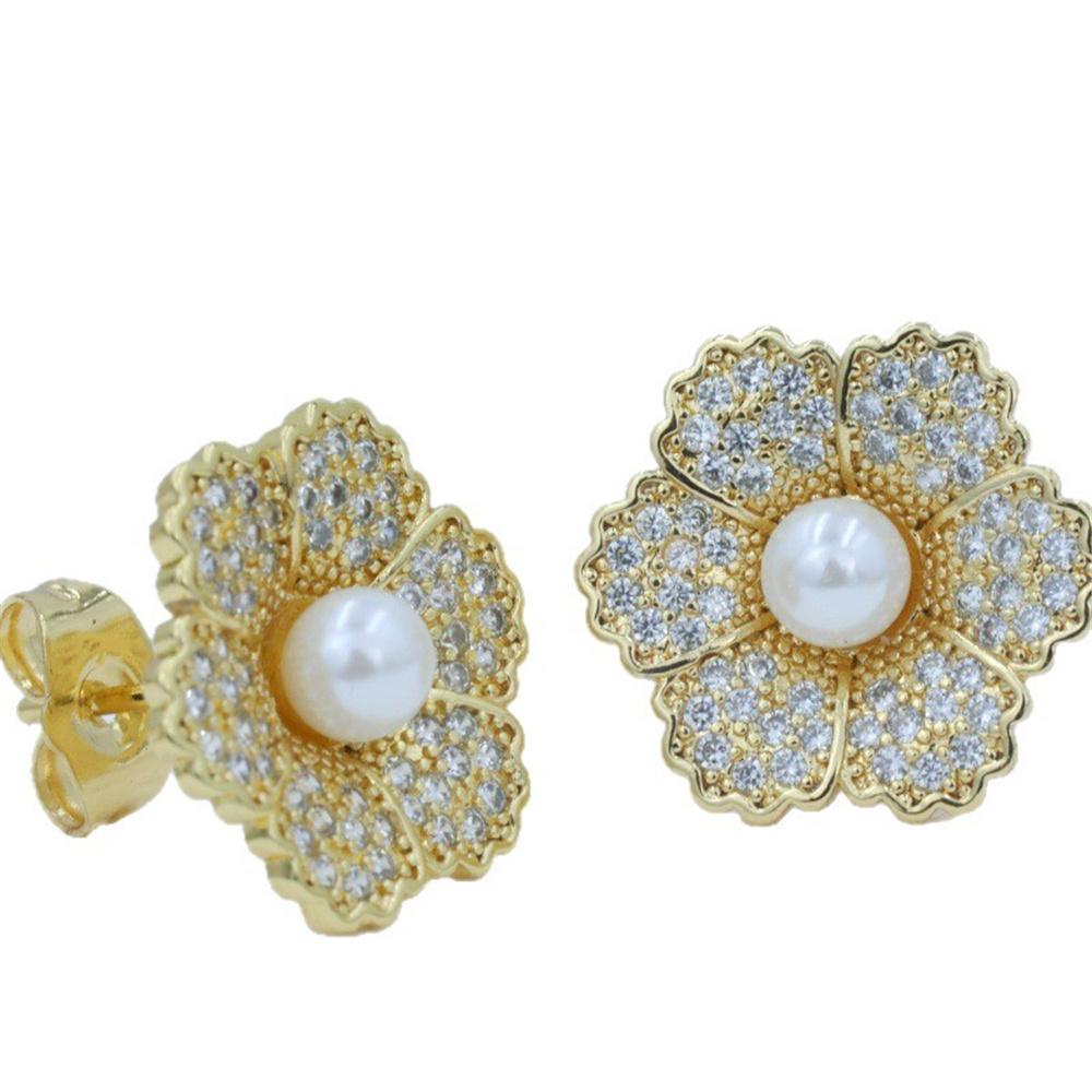 Cute Female Gold Color Small White Round Pearl Zircon Stone Stud Earrings Lovely Bridal Wedding  For Women