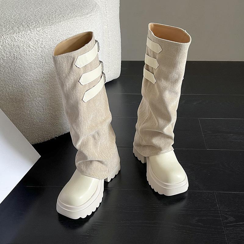 Spice Girl Belt Buckle Round Head Thick Heel Knight Boots Women's Vintage Skinny Pants Tube Tall Boots