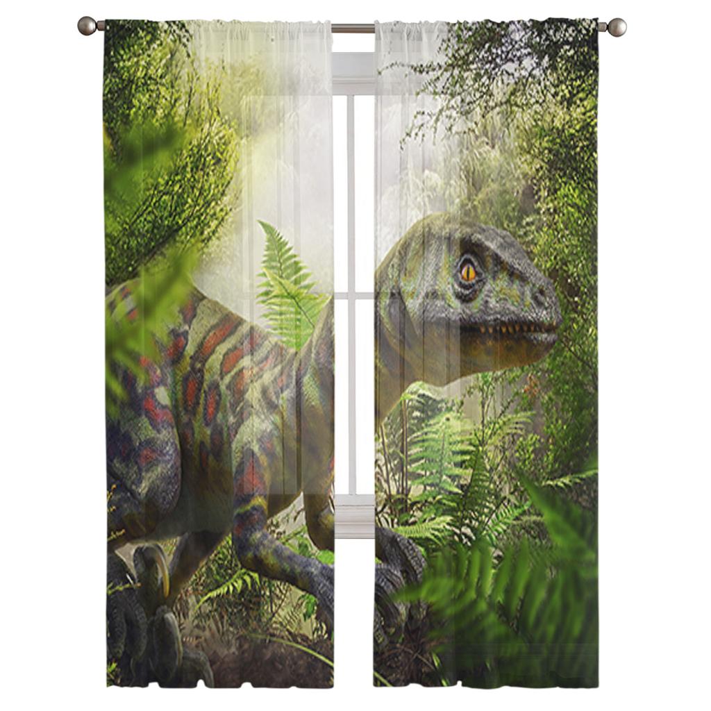 Dinosaur Jungle Curtain Window Tulle for Living Room Bedroom Kitchen Chiffon Sheer Window Treatment Decorations