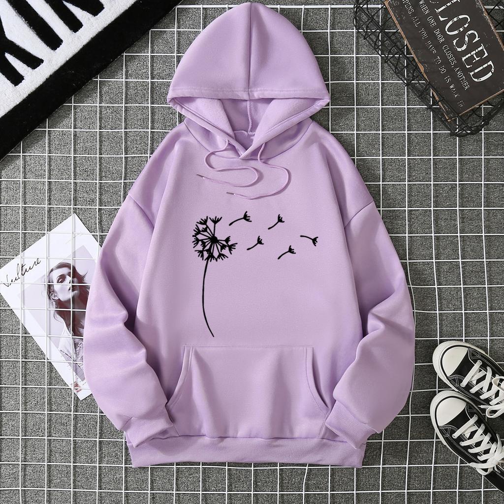 Women's fleece sweater plant print kangaroo pocket drawstring print hoodie
