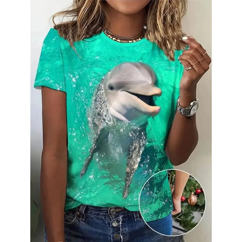 Casual Fashion Simple Abstract Painting Animal Sea Dolphin Breathable 3D Printed Round Neck Short Sleeve T-shirt Casual Sports Shirt