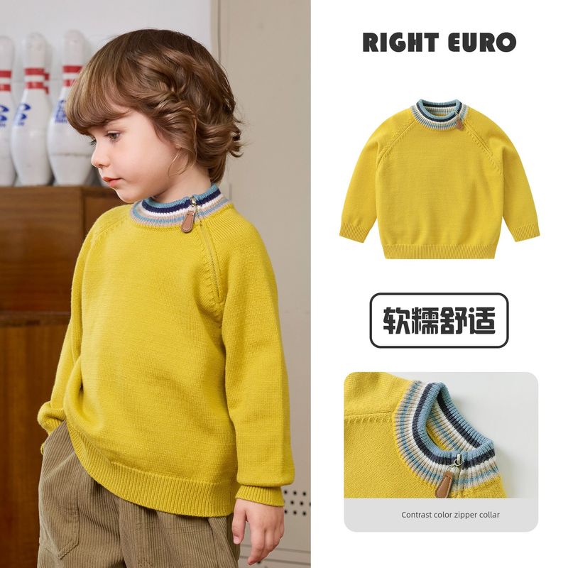 Right European Style Boys  Diagonal Zipper Casual Knit Pullover Sweater 2025 Winter New Children s Clothing Baby Top Yellow 90cm
