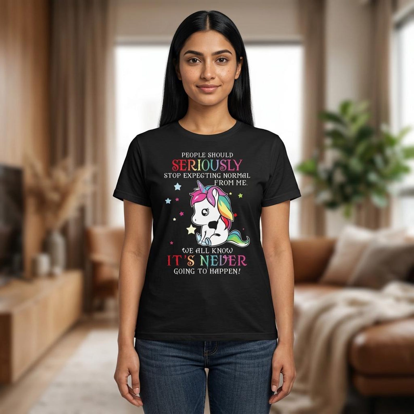 Funny Rainbow Unicorn Illustration T-Shirt | Stop Expecting Normal Quote Tee S