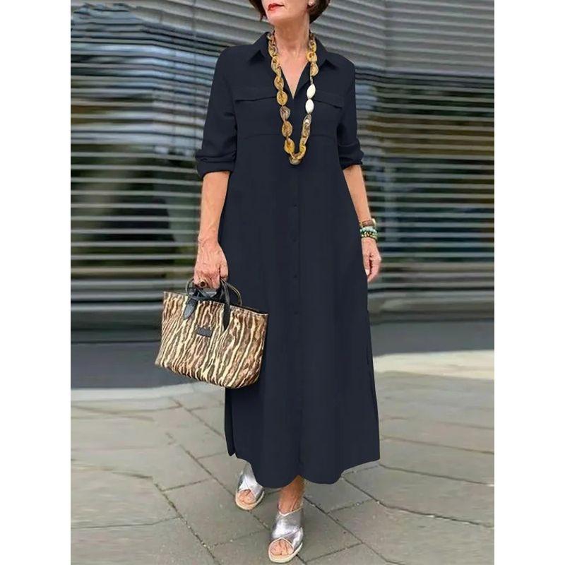 Loose Long-Sleeved Lapel Dress Elegant Solid Long sleeve Button Lapel Plus size dresses