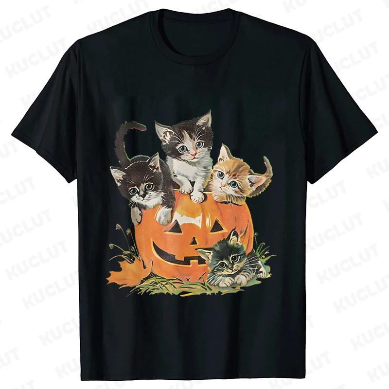 Fashion Halloween Party Tee Shirt Women Clothing Harajuku Designer Cat Pumpkin Halloween Graphic Y2k Tops Short Sleeve Tshirt
