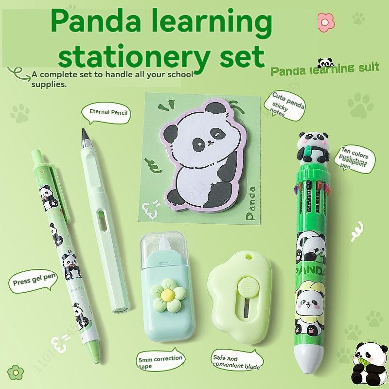 6-in-1 Cute Panda Stationery Set Birthday Present Back To School Gift Pencil Eraser Students School Office Correction Tape Kids