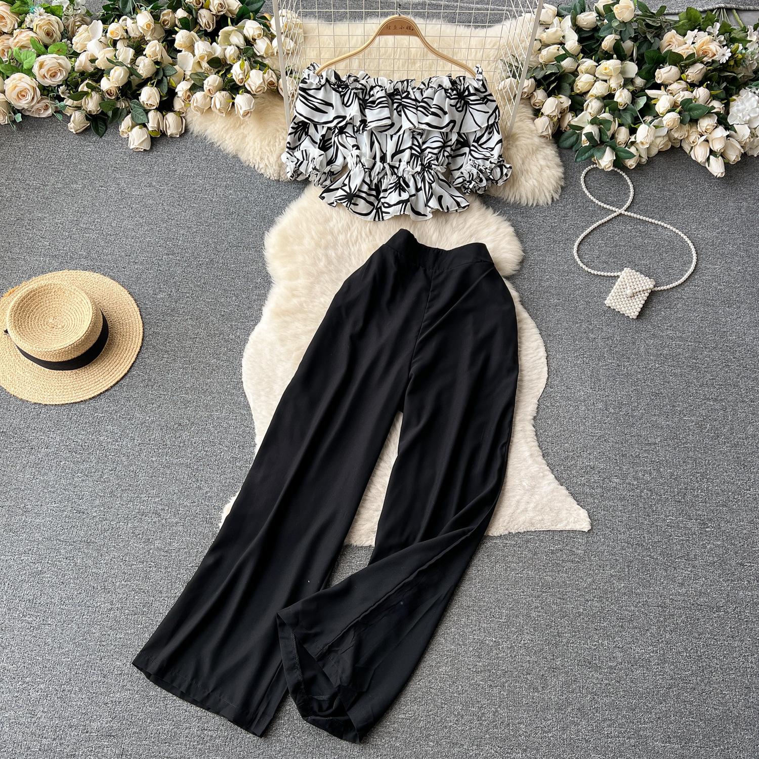 

Модный французский костюм-рубашка на одно плечо с оборками и цветочным принтом, женский тонкий широкий брючный костюм с высокой талией One size белый