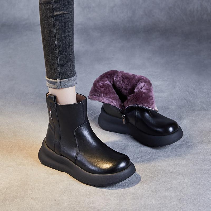 First Layer Cowhide Thick-soled Wool 23 Years Winter Velvet Thickened Mother Shoes Cotton Shoes Women's Medium Tube Leather Snow Boots Women
