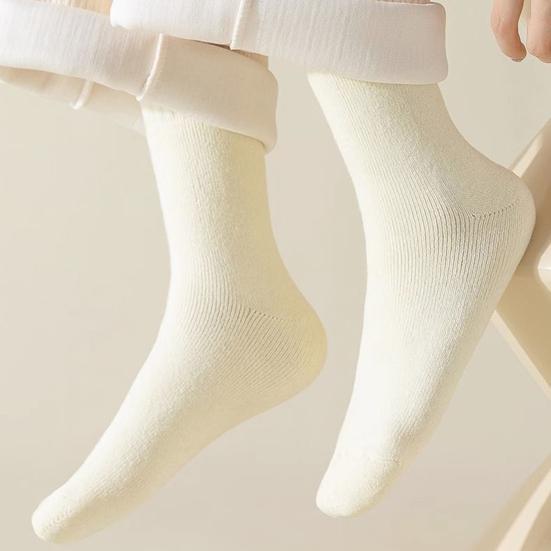 1 Pair Women Winter Socks Solid Color Ribbed Cuffs Thickened Plush Lining Sleeping Socks Autumn Winter Daily Wear