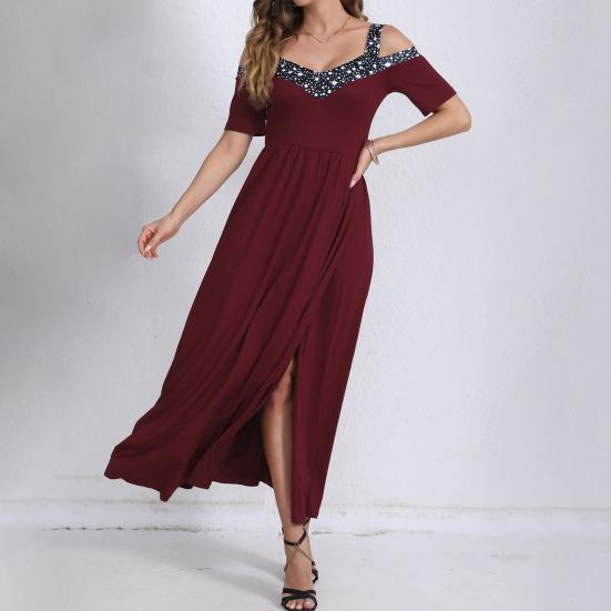 Women Evening Dress Hollow Out V Neck High Split Sequin Pleated Short Sleeves Plus Size A-line Off Shoulder Ankle Length Prom Party Maxi Dress