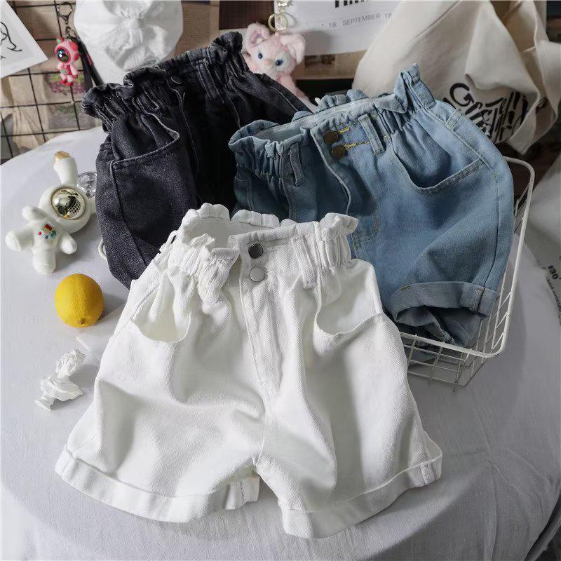 Women's Summer Korean Style A-line Denim Shorts: Casual, Versatile, Elastic Waist, Rolled Hem, Loose, Slimming, Wide Leg.
