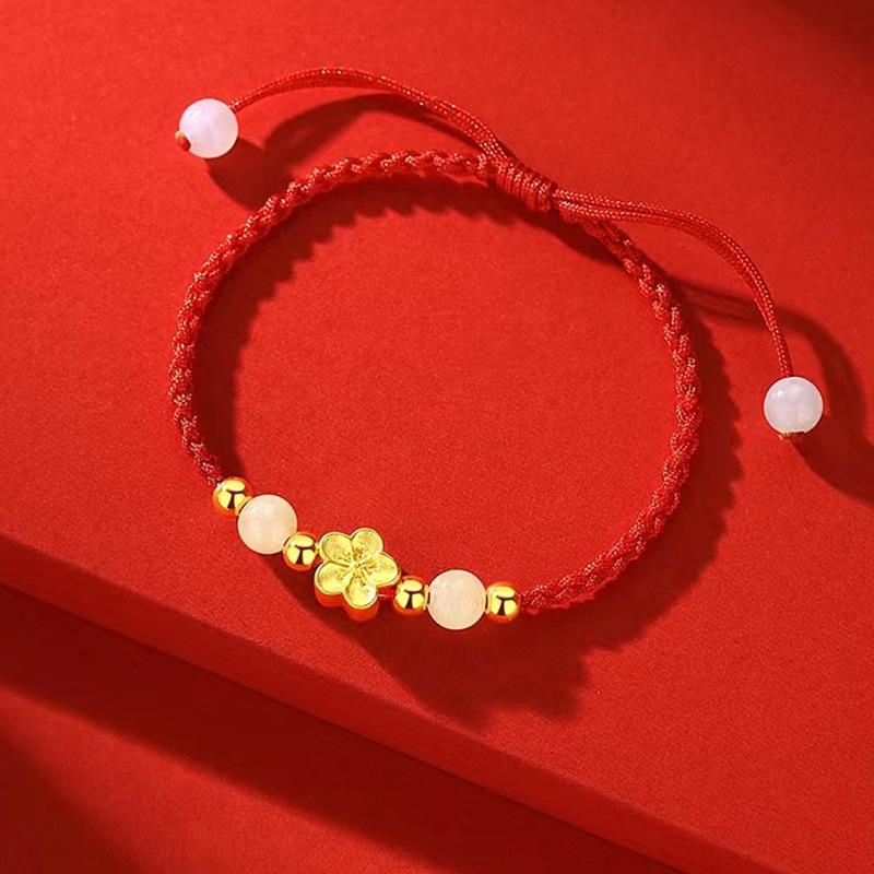Gold Sand Peach Blossom Bead Bracelet – Handmade Red Rope for Couples, Perfect Qixi Gift