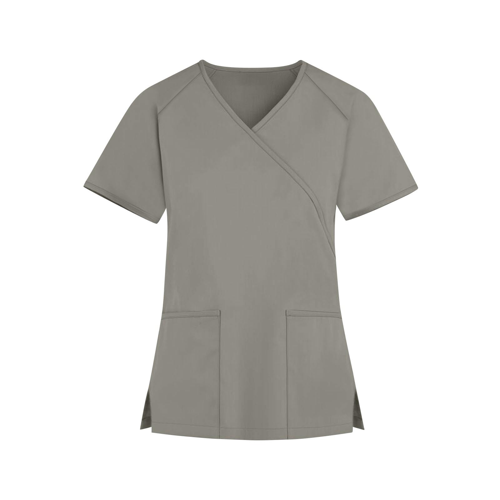 

Женская мода однотонная рабочая одежда с v-образным вырезом и короткими рукавами с карманами, топы XXXL серый