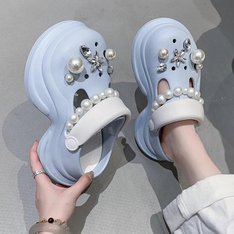 Fashion Cute Pearls Chain Chunky Sandals Women Fashion Diy Eva Platform Clogs Shoes Woman Outdoor Non Slip Soft Bottom Sandles Female