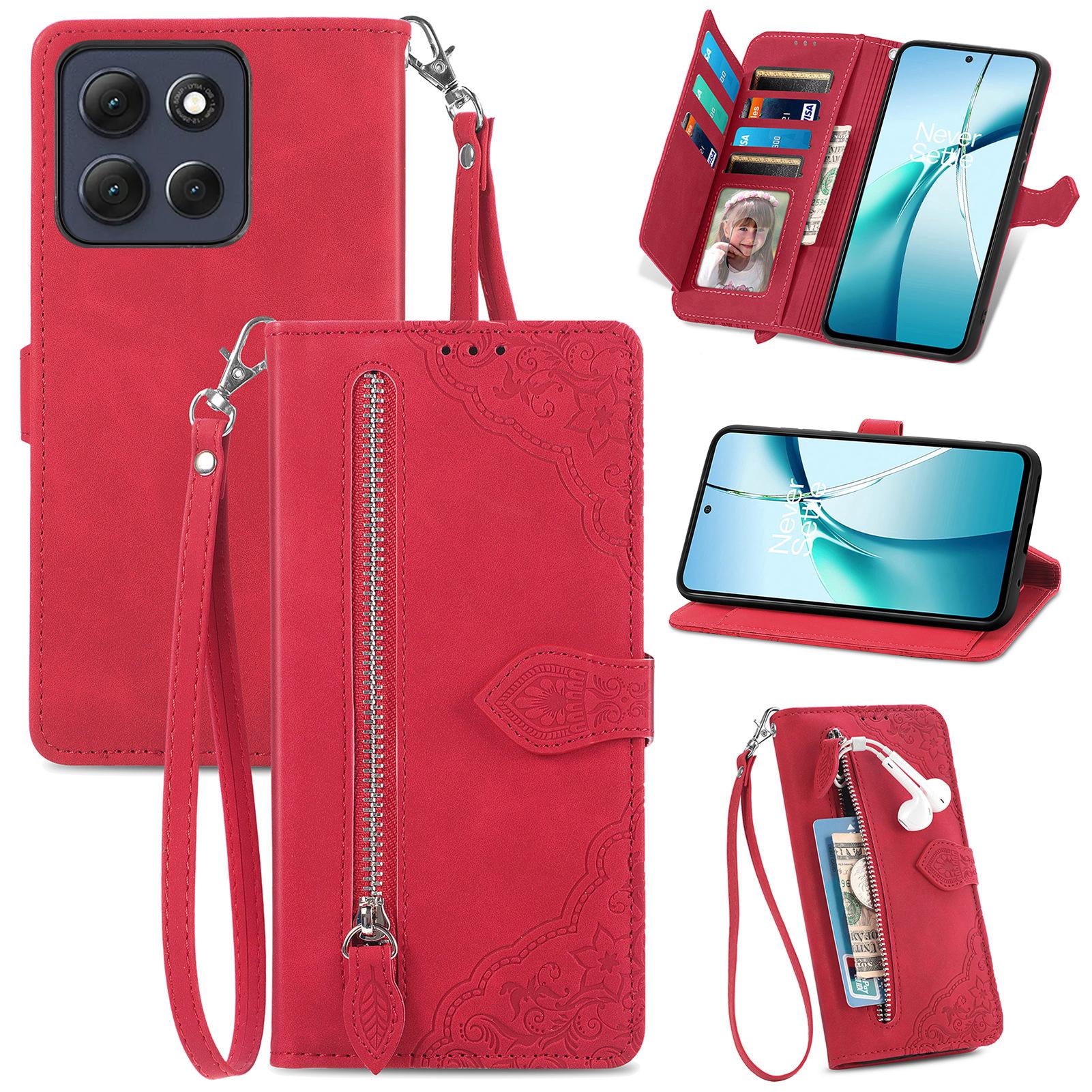 

For Motorola Moto G86 5G Zipper Wallet Case with Strap Flower Imprint PU Leather Phone Cover Red