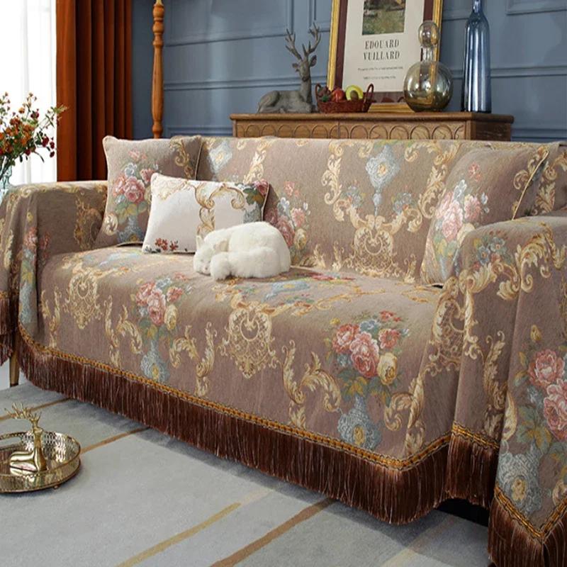 Sofatuch mit europäischer Stickerei, luxuriöse Chenille-Decke mit Eisquaste, Anti-Katzenkratz-Sofabezug, Ledersofakissen, vier Jahreszeiten