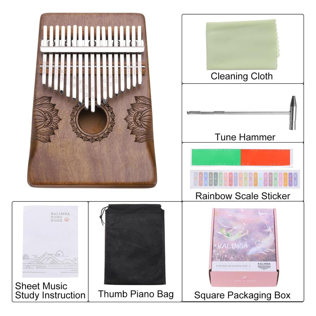uxcell 17-Key Thumb Piano, Deep Brown Mini Portable Finger Piano, Solid Koa Wood with Floral Pattern, Handrail, Tuning Hammer, and Music Learning