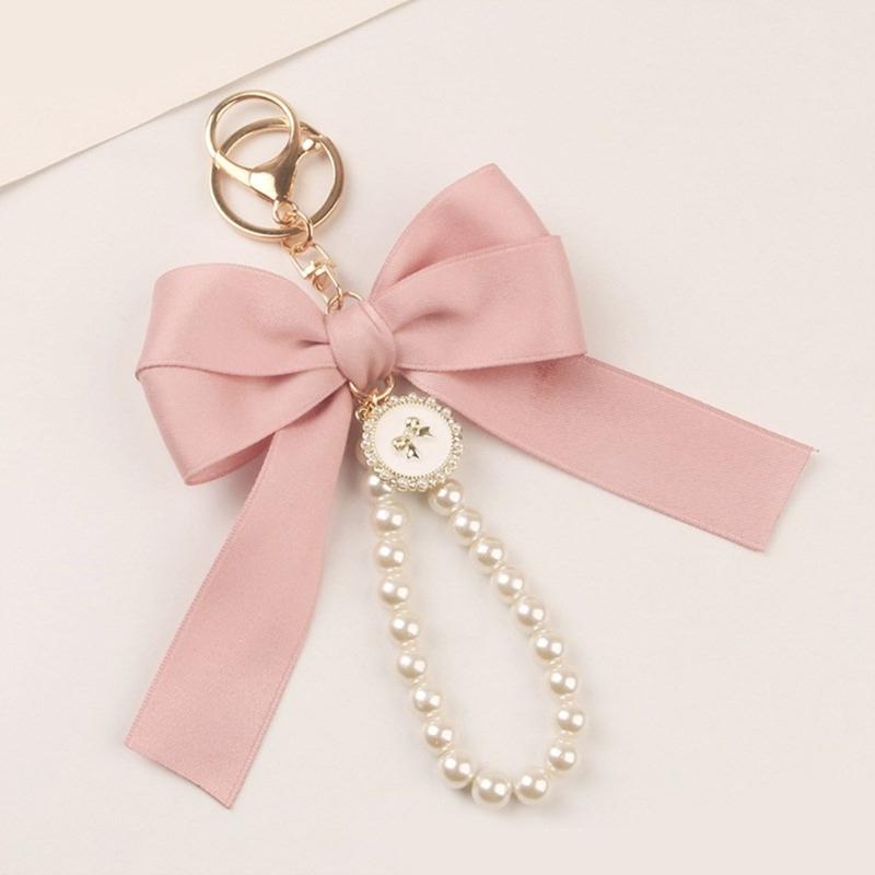 Elegant Pearl Chain Keychain with Large Ribbon Bowknot Pendant Stylish Keychain for Women and Girls Bag Decoration