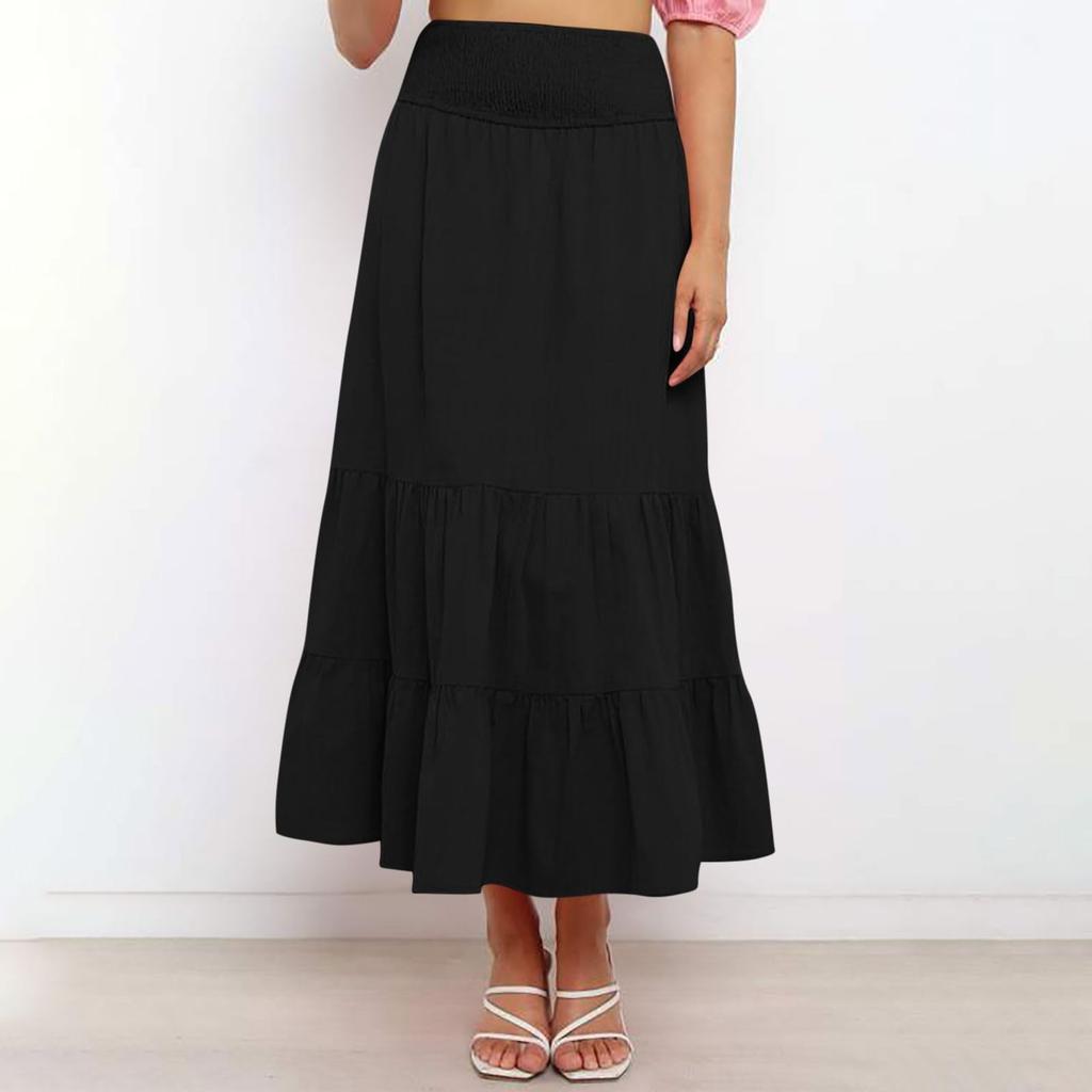 Women's Summer Bohemian Maxi Dress Elastic High Waist Pleated Ruffle Layered Culottes Casual Fashion Solid Color Flowy Skirt