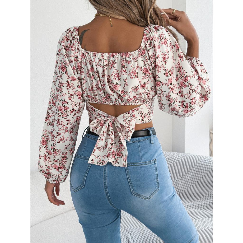 QICED Autumn Floral Lantern-sleeved, Lace-up, Waist-cinching Chiffon Blouse, Crop Top for Women