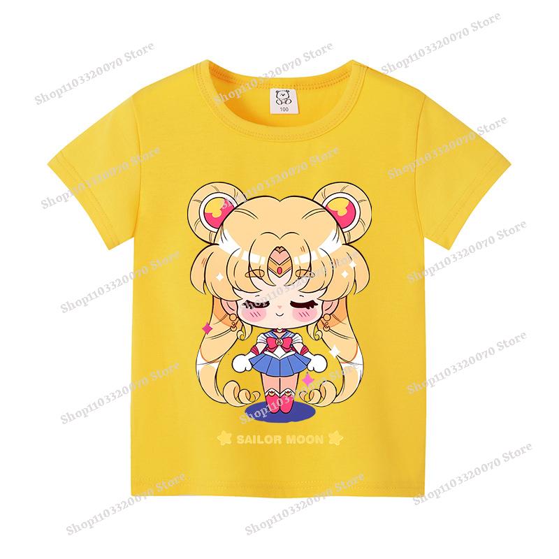 Sailors Moons Cotton T-shirt Sweet Anime Printed Girl Short Sleeve Cartoon Casual Kids Shirts Summer Child Tops