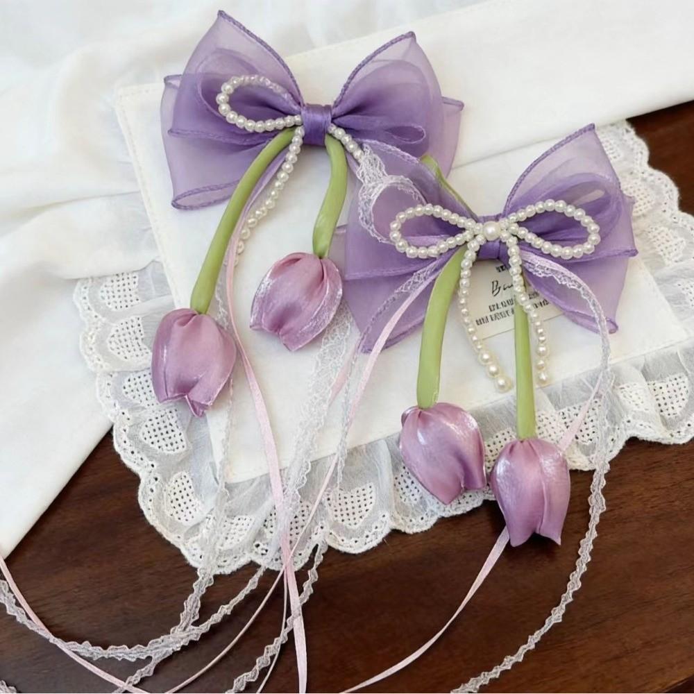 Chiffon Bowknot Chiffon Tulip Hair Clips Floral Pastel Floral Hair Clips Sweet Pearl Flower Bow Hairpin Girl Hair Accessories