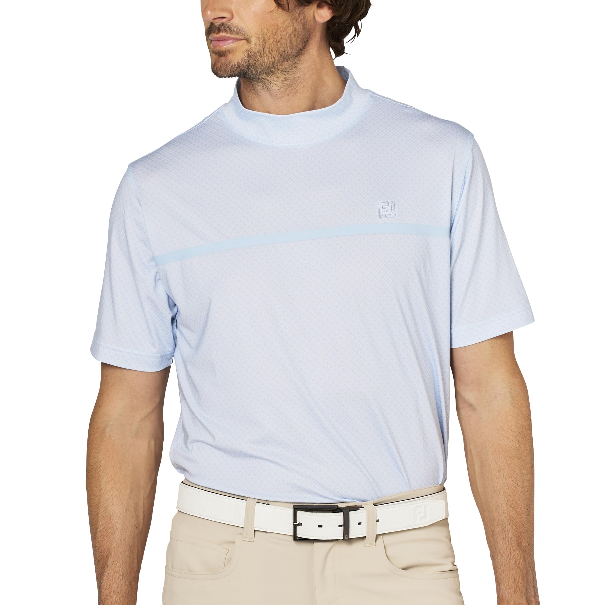 

FootJoy Men s Loop Print Short Sleeve Mock Neck Golf Shirt, White/Skyway, Size L, FJ-S25-S20, 34569-L