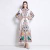 Wiosna Jesień Kobiety Vintage Wykwintny Nadruk Sukienki Pokazowe Kołnierzyk Z Klapami Jednorzędowa Długa Sukienka Koszulowa Maxi na Imprezę Maturalną