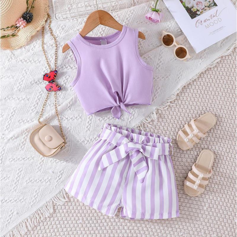 Tops Round Neck Sleeveless Shirt + Vertical Strips Stitching Shorts Casual Baby Clothes