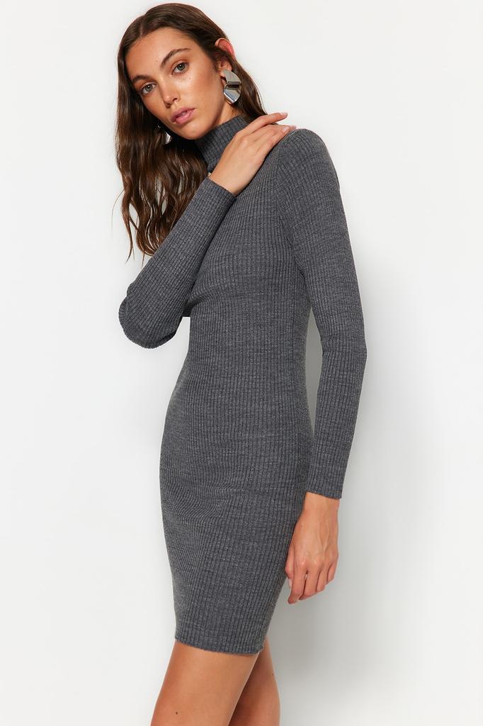Women's Dress New Season Fashion Anthracite Mini Knitwear Dress with Accessory Detail